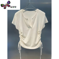 语娄夏季休闲抽绳飞飞袖气质小众百搭T恤纯色烫钻不对称修身V领上衣女