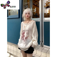 语娄亚文化朋克原宿女破洞涂鸦针织衫宽松长袖毛衣薄款罩衣衣