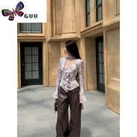 语娄Niche Clothing 辣妹复古玫瑰花喇叭袖雪纺衬衫女V领花边长袖上衣