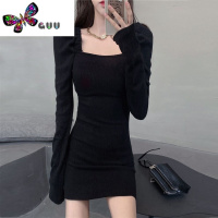 语娄赫本风小黑裙2023秋装新款气质显瘦方领泡泡袖长袖打底包臀连衣裙