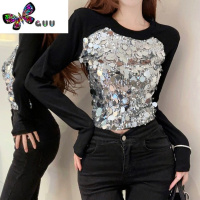 语娄时髦时尚洋气短款上衣设计感打底衫女士独特别致亮片长袖t恤