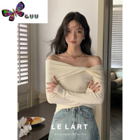 语娄高级感一字肩扭结T恤打底衫女秋装女2023新款露肩又甜又辣小上衣