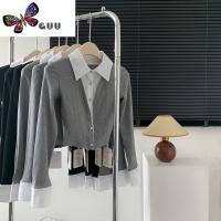 语娄江逗瑶 黑白撞色短款衬衫假两件针织开衫长袖修身上衣女春