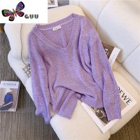 语娄 香芋奶咖针织衫 优雅浪漫~二经一纬大V领镂空长袖慵懒毛衣女