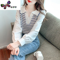 语娄条纹针织打底小衫女装款2023年新款时尚时髦洋气雪纺衬衫上衣