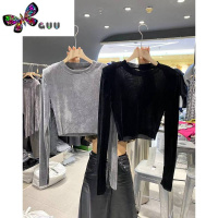 语娄dudu韩版圆领长袖丝绒T恤女小众流行2023夏秋微透打底衫短款上衣