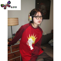 语娄美式街头复古长袖T恤女秋季宽松插肩袖卫衣hiphop潮牌圆领上衣ins