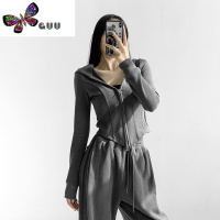 语娄设计感双拉链连帽卫衣外套女新款鱼骨线条不规则长袖针织开衫