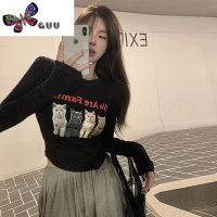 语娄咖色正肩长袖t恤女纯欲辣妹修身显瘦印花猫咪短款紧身打底衫