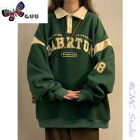 语娄polo领墨绿色卫衣女美式复古chic港味上衣春季设计感小众高街外套