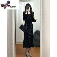 语娄大码法式黑色亮片丝绒鱼尾连衣裙女高级感轻奢气质生日礼服裙