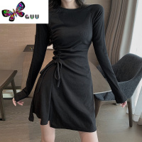 语娄黑色辣妹褶皱收腰连衣裙女2023新款御姐修身性感港味抽绳裙子