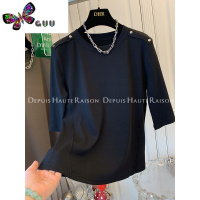 语娄DHR 铆钉拼接坑条棉中袖T恤上衣女打底衫修身显瘦2023秋装新款