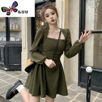 语娄大码女2023秋季新款法式方领长袖连衣裙胖mm收腰显瘦气质a字短裙