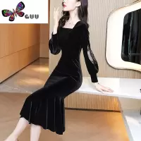 语娄黑色金丝绒连衣裙长裙装2023新款女长袖显瘦气质包臀鱼尾裙子