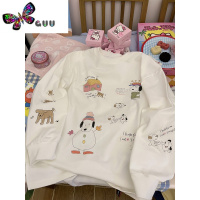 语娄典原make 小狗手绘圆领长恤套头T恤秋季新款白色学生男女上衣