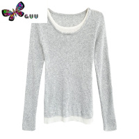 语娄A7seven秋季新款假两件针织衫女圆领套头长袖修身显瘦打底衫毛衣