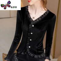 语娄v领金丝绒高级感打底衫女法式别致小上衣拼接荷叶边长袖t恤潮