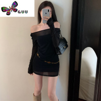 语娄辣妹黑色一字肩露肩连衣裙女夏季小个子收腰包臀裙气质网纱短裙子