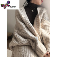 语娄韩国chic简约宽松重工麻花纹加厚保暖长款针织开衫毛衣外套女
