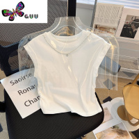 语娄白色正肩t恤女夏季款设计感小众无袖坎肩背心外穿短款飞飞袖上衣