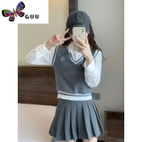 语娄学院风领假两件衬衫马甲针织衫女秋季独特别致小上衣短款毛衣