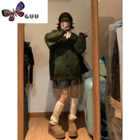 语娄墨绿色复古V领针织开衫女早韩系宽松慵懒长袖毛衣外套搭加厚