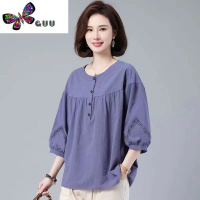 语娄2023新款棉麻上衣女七分袖t恤中袖洋气宽松中年妈妈小衫遮肚夏装
