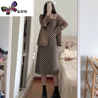 语娄秋日穿搭套装女新款西装外套长裙小西服搭配格子吊带连衣裙两件套