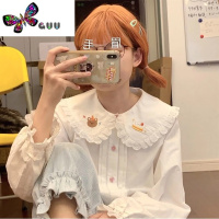 语娄日系JK娃娃领长袖衬衫女花边小熊刺绣宽松艺术奢华内搭打底衫上衣