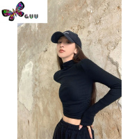 语娄港味chic气质半高领打底衫长袖T恤女修身短款褶皱设计感上衣