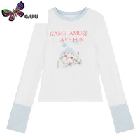 语娄甜辣妹猫咪T恤女设计感小众秋季短款独特别致绝美长袖打底衫上衣