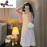 语娄大码胖mm早秋镂空针织衫上衣女韩版时尚碎花a字吊带连衣裙子套装