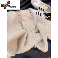 语娄2023秋季新款刺绣兔子双头拉链毛衣女针织开衫宽松连帽外套上衣