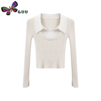 语娄设计感假两件针织衫女秋气质修身内搭黑色上衣短款长袖打底衫毛衣