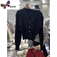 语娄TO百搭甜美V领胸针长袖针织开衫女2023新款宽松短款毛衣外套