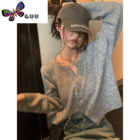 语娄灰色圆领针织开衫女秋季宽松短款毛衣外套高级感软糯内搭长袖上衣