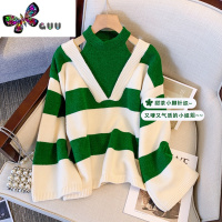 语娄M1 CB绿色条纹挂脖针织衫设计感小众秋季大码女装打底长袖上衣