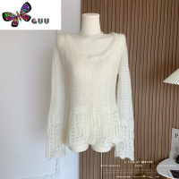 语娄江逗瑶 绵绵~慵懒风温柔马海毛奶白色毛衣女镂空新款上衣