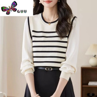 语娄轻熟假两件法式针织衫女早新款长袖复古条纹套头毛衣显瘦上衣