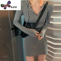 语娄2023新款连帽修身打底毛衣裙女中长款气质包臀内搭针织连衣裙