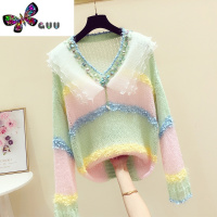 语娄2023秋季新品甜美洋气女装彩虹拼色毛衣荷叶边亮片V领薄款针织衫