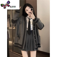 语娄胸口小熊刺绣灰色针织开衫女撞色宽松学院风毛衣JK百搭外套上衣