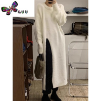 语娄慵懒风圆领套头毛衣裙子女宽松过膝中长款侧边开叉针织连衣裙