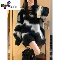 语娄韩版海马毛黑白撞色毛衣女宽松慵懒风软糯小众设计感长袖上衣
