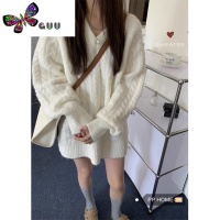 语娄2023新慵懒简约显瘦V领麻花编织宽松纯色针织毛衣女套头衫