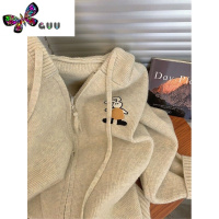 语娄2023秋季新款刺绣兔子双头拉链毛衣女针织开衫宽松连帽外套上衣