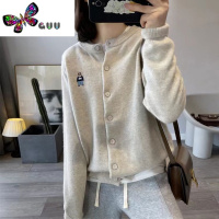 语娄小熊刺绣针织开衫女软糯上衣2023新款单排扣圆领长袖毛衣外套