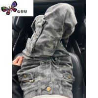 语娄高腰复古宽松设计感军绿色直筒牛仔裤女嘻哈辣妹hiphop迷彩工装裤