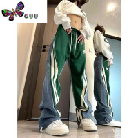 语娄胖MM特大码300斤美式高街裤子女街舞休闲裤拼接牛仔卫裤潮